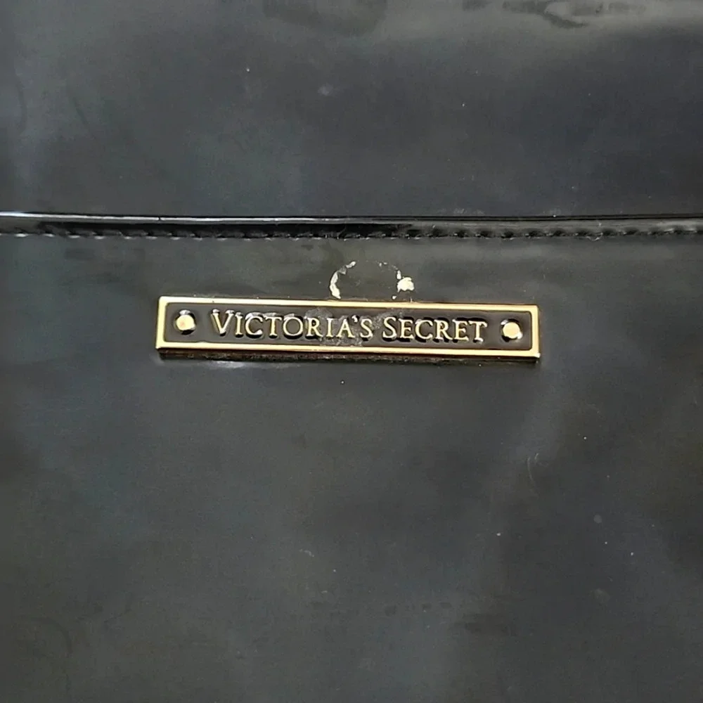 Victoria Secret Black High Glossy Patent Leather Make Up Bag Travel Purse Clutch
